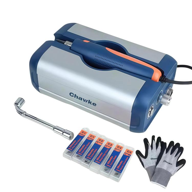 Ultrasonic sprue cutter kit with silver-and-blue base unit, orange handle, gloves