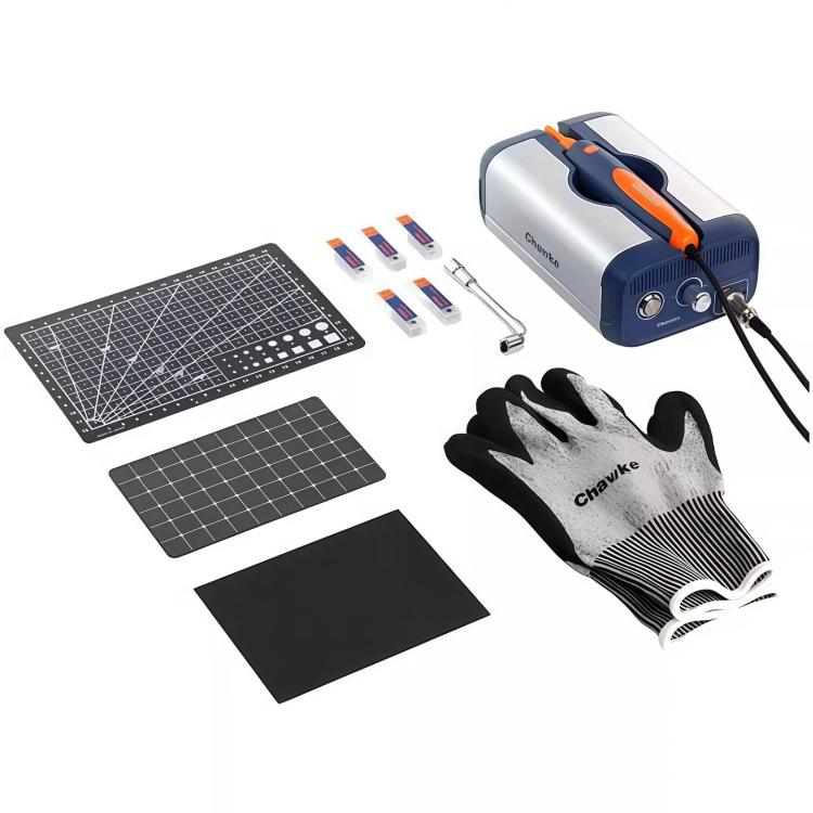 Ultrasonic cutter kit with base unit, cutting mats, blade tool, pair of work gloves