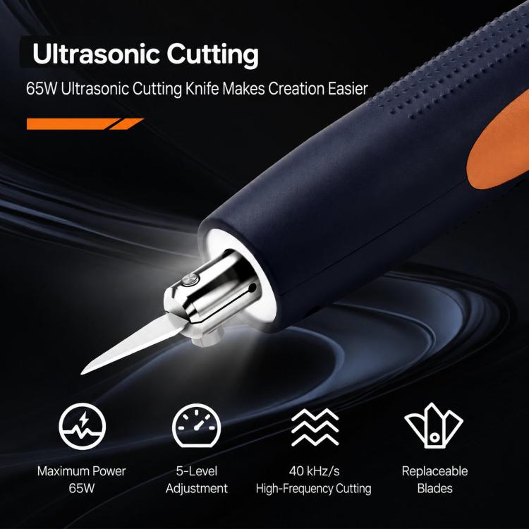 Ultrasonic cutting knife with blue handle and orange accent, metal blade tip