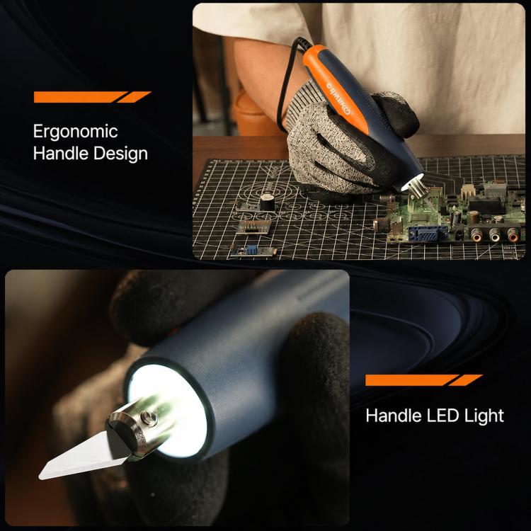 Ultrasonic cutting knife held by glove with bright LED light on blade tip