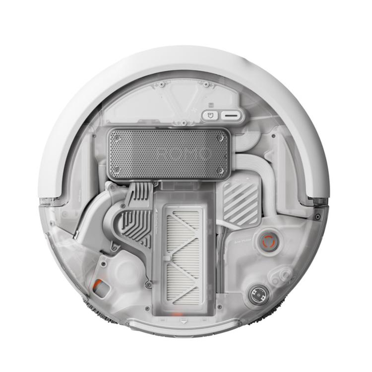 Robot vacuum interior showing installed rectangular pleated filter