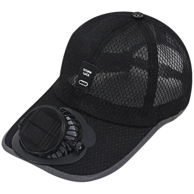 Black mesh baseball cap with front fan module and adjustable brim for cooling shade