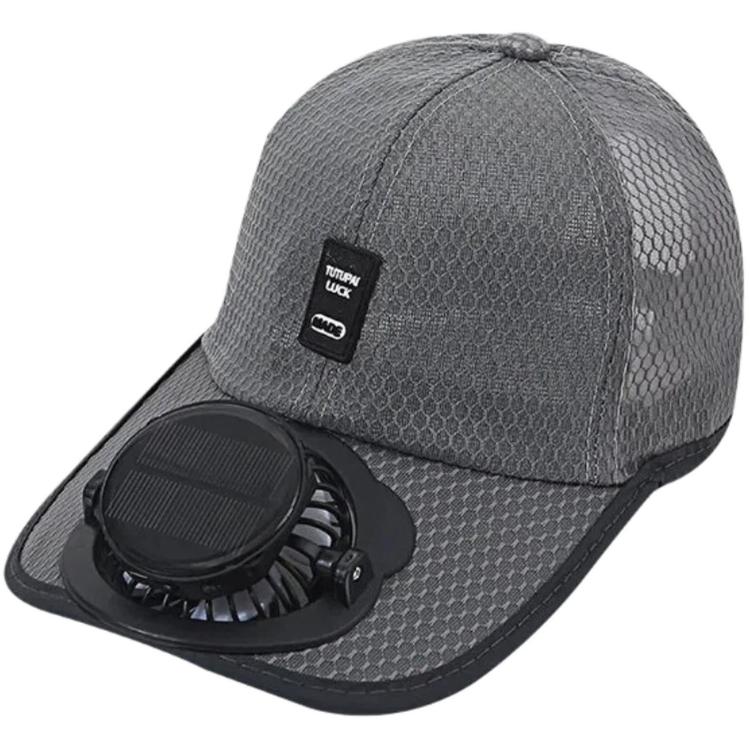 Dark gray mesh baseball cap with front solar fan module and curved protective visor