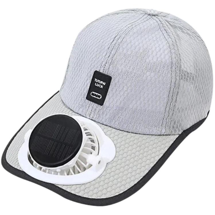 White mesh baseball cap with front cooling fan module and black-trim visor edge
