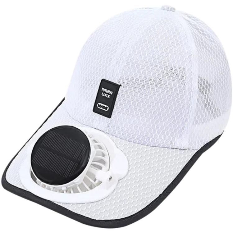 White breathable mesh baseball cap with front solar fan module and protective brim
