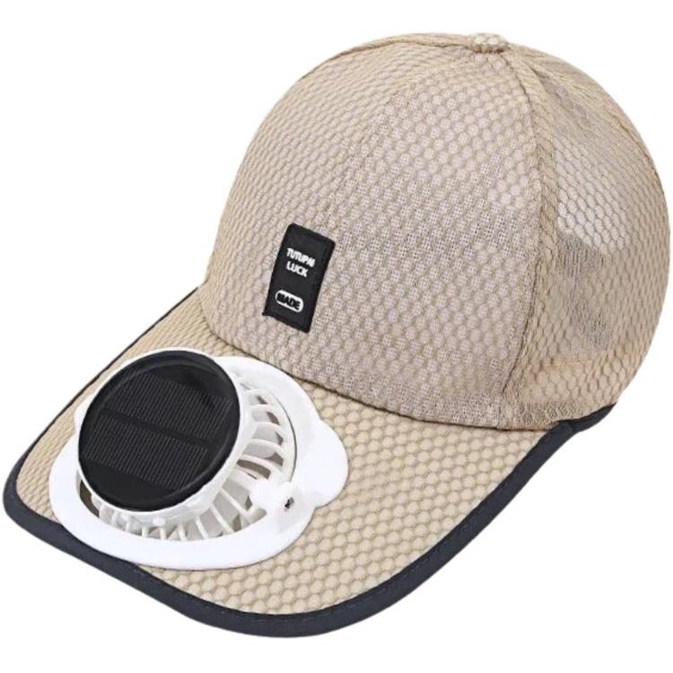 Beige mesh baseball cap with front fan module and black-edged curved brim