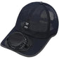 Navy mesh baseball cap with front cooling fan module and adjustable shade brim