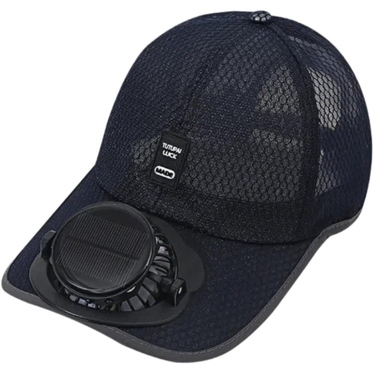 Navy mesh baseball cap with front cooling fan module and adjustable shade brim