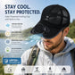 Black solar cooling cap with built-in fan module and mesh breathable crown