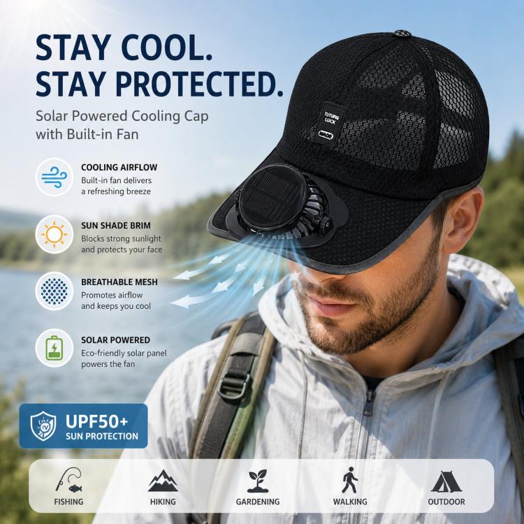 Black solar cooling cap with built-in fan module and mesh breathable crown