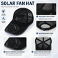 Black solar fan hat shown with mesh crown and front fan module for airflow