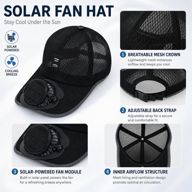 Black solar fan hat shown with mesh crown and front fan module for airflow