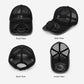 Solar fan hat set with front, side, back, and inside views of black mesh cap