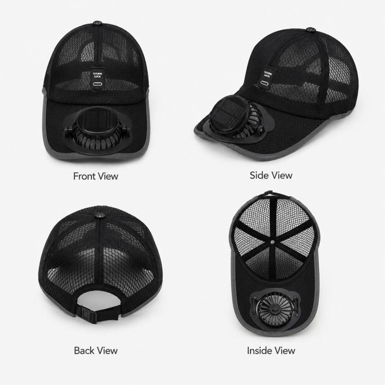 Solar fan hat set with front, side, back, and inside views of black mesh cap