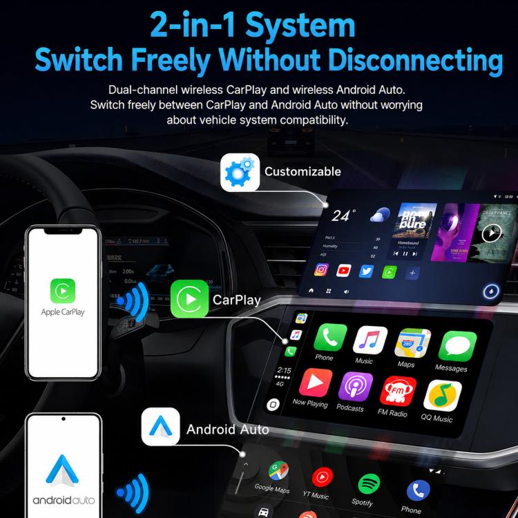 Car baby monitor receiver showing CarPlay and Android Auto app screens