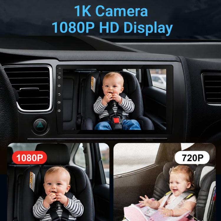 Car baby monitor display showing rear-seat view of a baby in 1080P and 720P