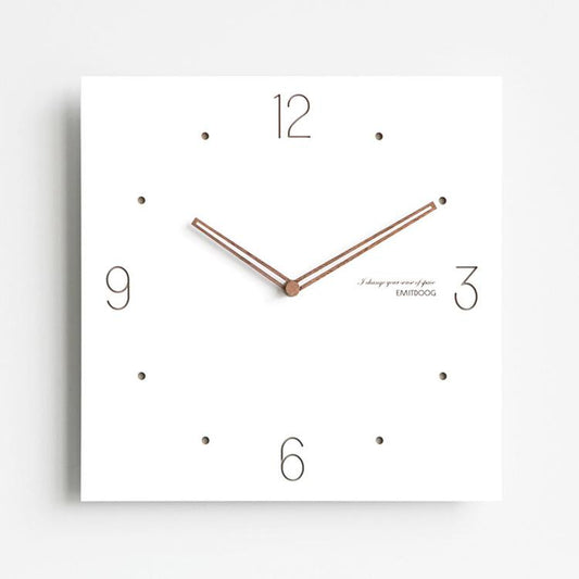 Square wall clock with white face, dark wood hands, and hour dot markers, silent design