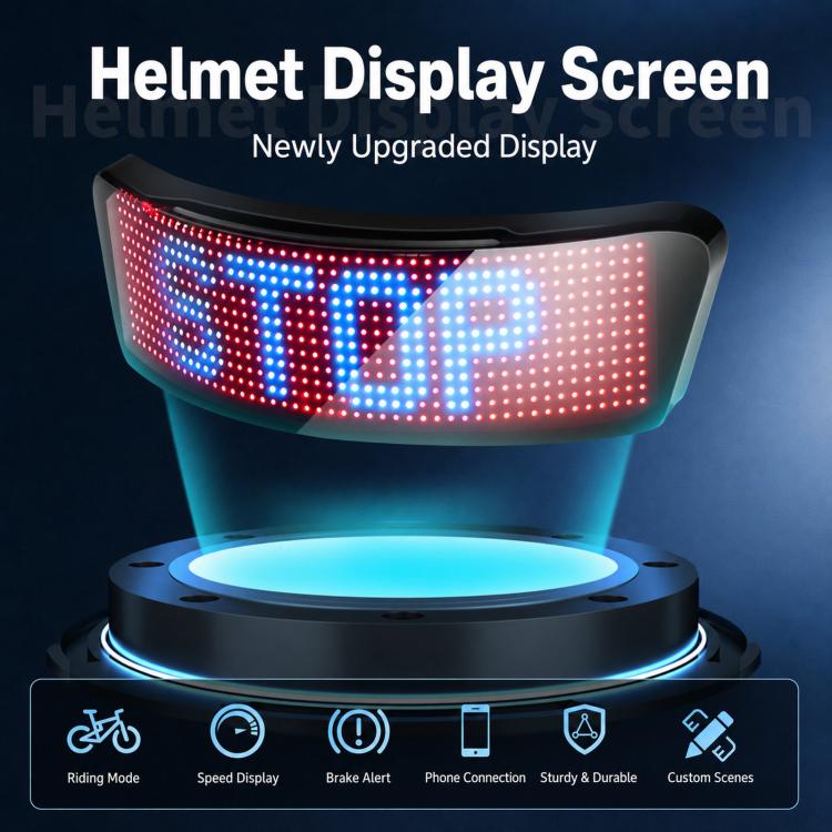Helmet LED display screen with multicolor dot-matrix graphics on the panel