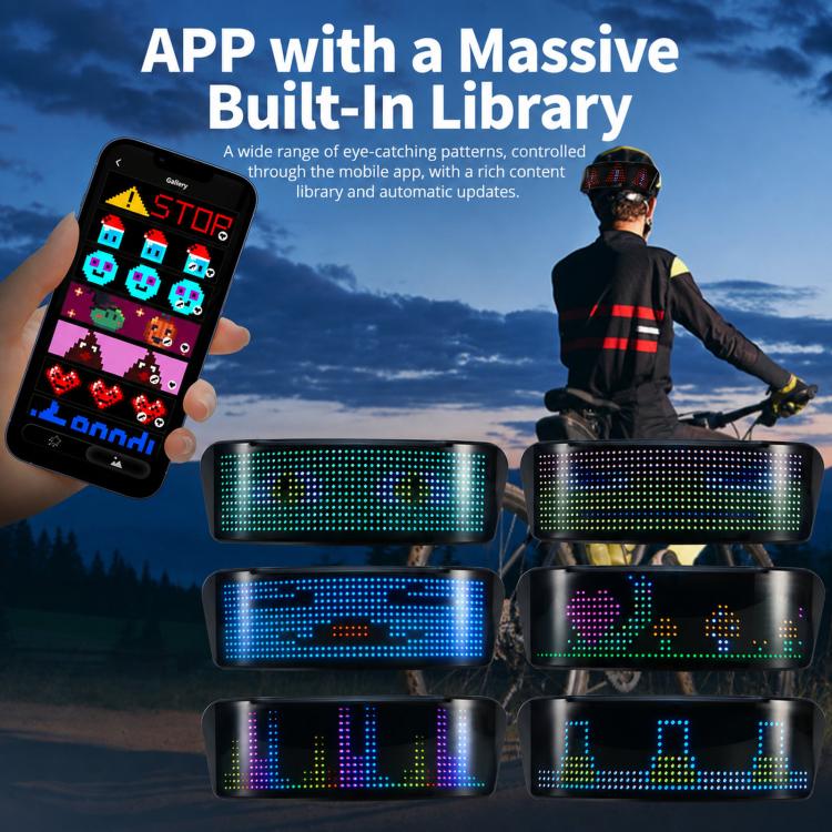 App-controlled LED helmet display screen showing multicolor dot-matrix patterns