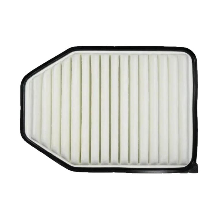 Car air filter element with white pleated media and black perimeter frame