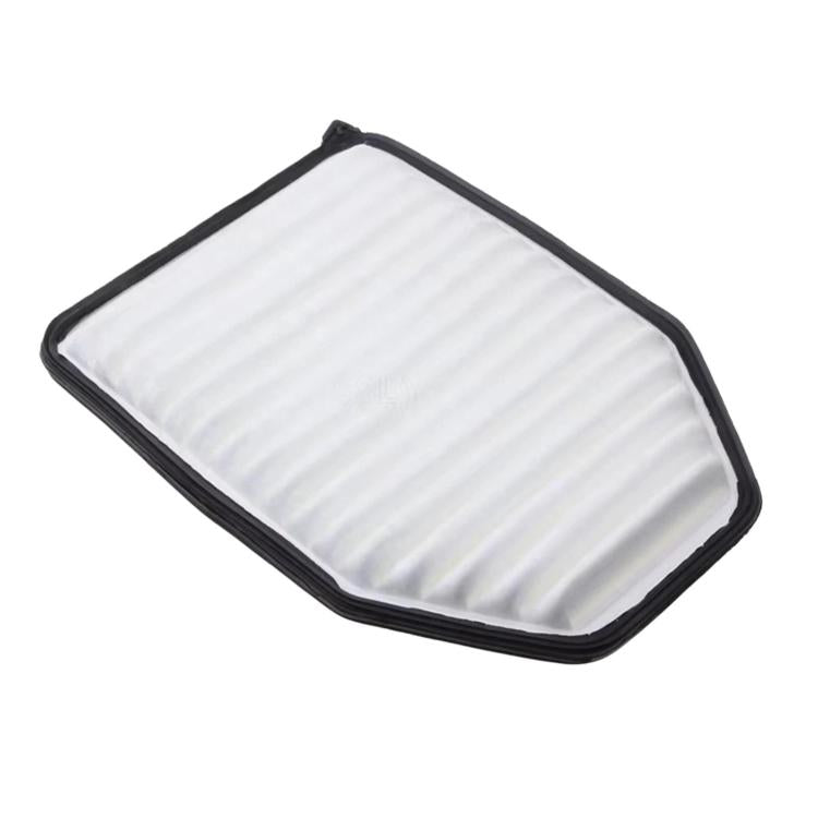 Car air filter element with white pleated media and black rubber edge frame