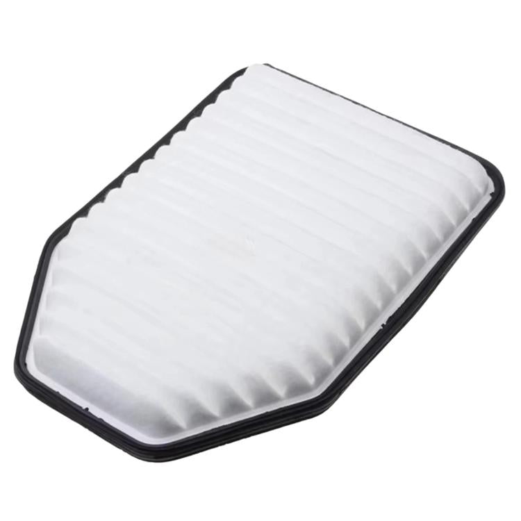Car air filter element with white pleated filter panel in black frame