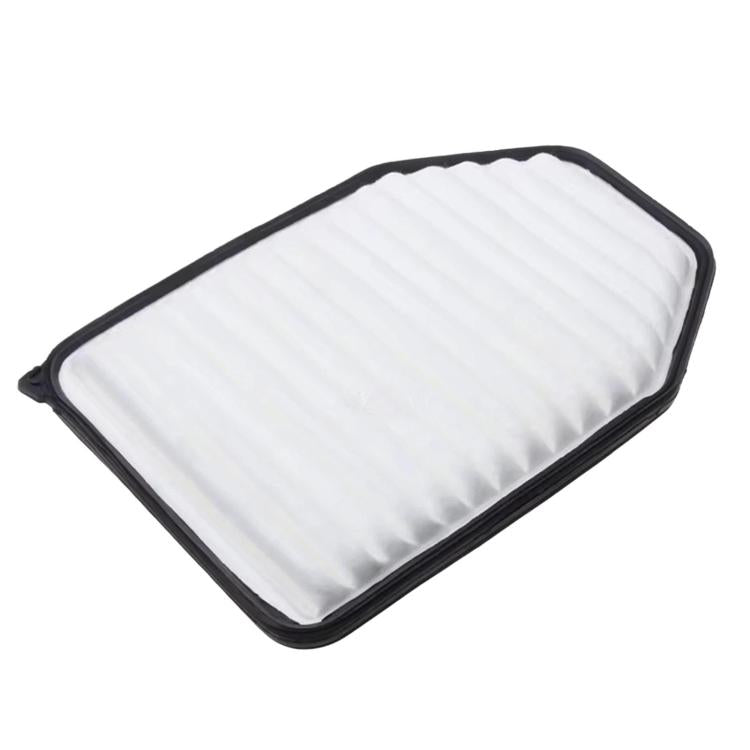 Car air filter element with white pleated panel and black border frame