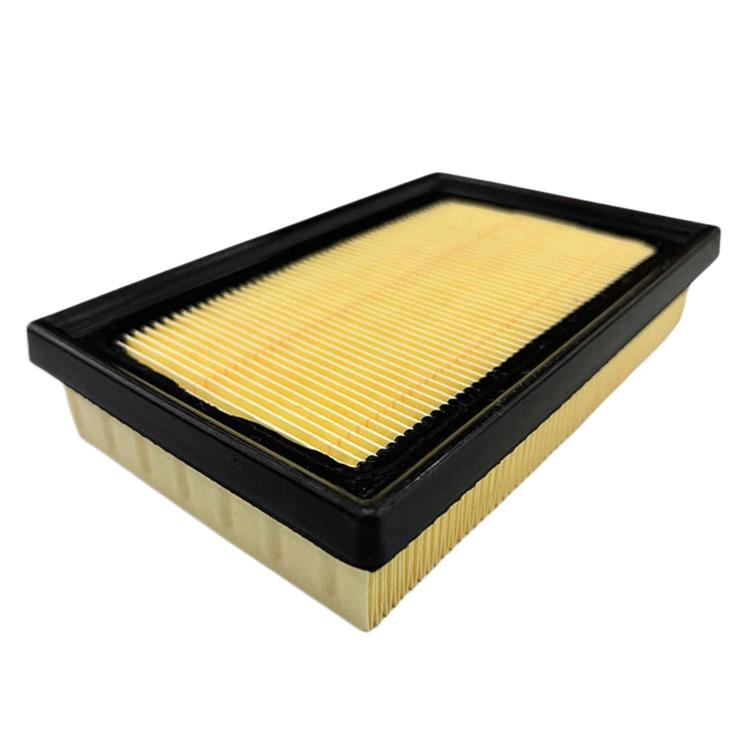 Automotive air filter element with pleated yellow filter media in black frame