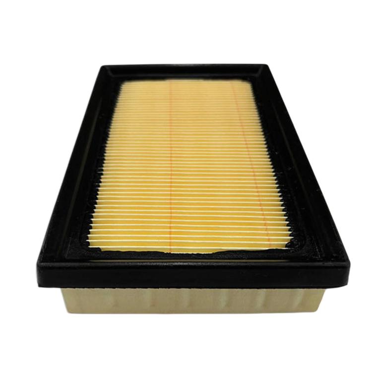 Automotive air filter element with pleated yellow filter media inside black housing