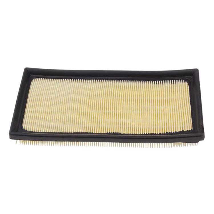 Rectangular air filter element, pleated paper media and black housing, angled view