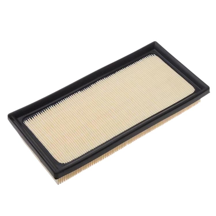 Angled air filter element with pleated cream paper media in black frame