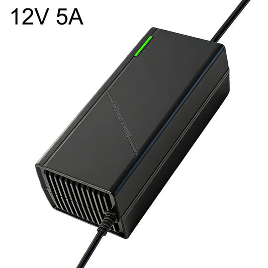 Smart lithium battery charger, 12V 5A, black housing with green LED and power cable