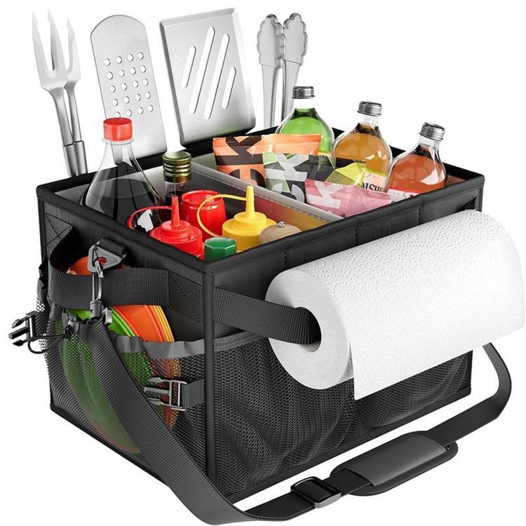 Outdoor grill storage bag with multiple compartments, front organizer, and carry strap