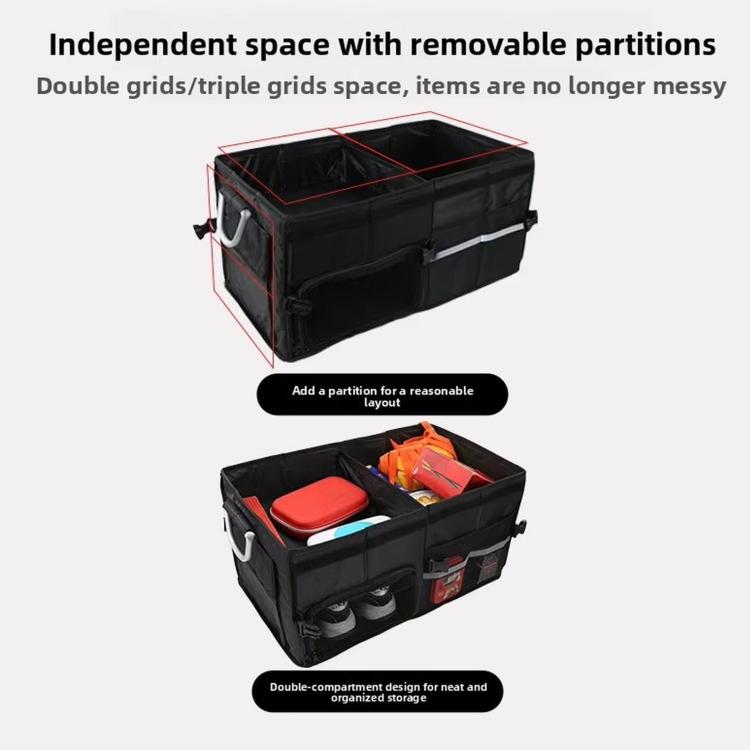 Black folding trunk organizer with removable dividers for separated compartments