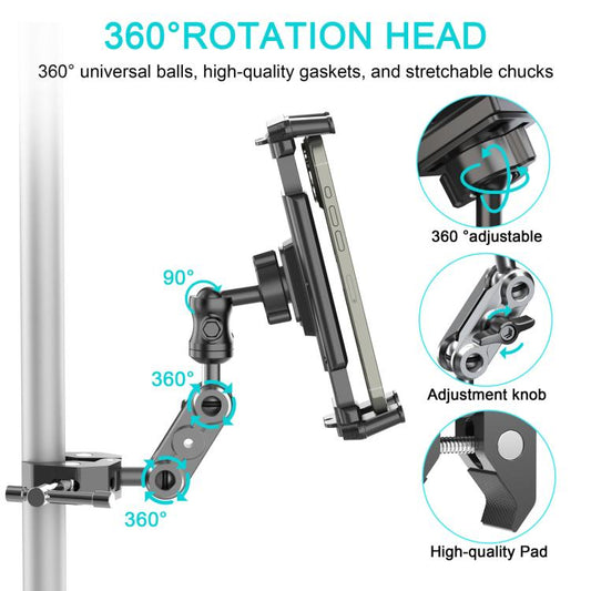 Tablet holder with 360° adjustable head, black joints and adjustment knobs