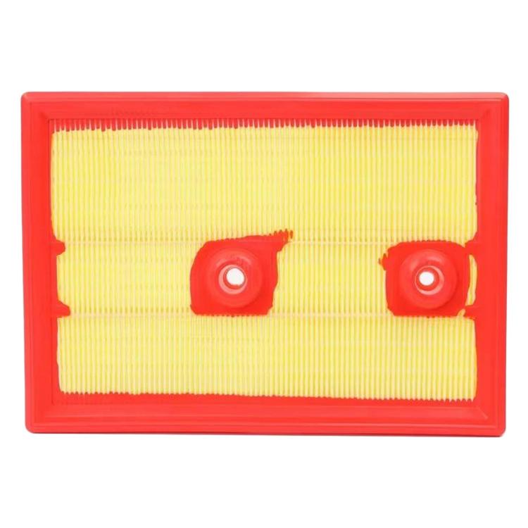 Cabin air filter with yellow pleated media and red frame, two round grommets