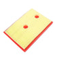 Cabin air filter, yellow pleated paper media with red border and two round fittings