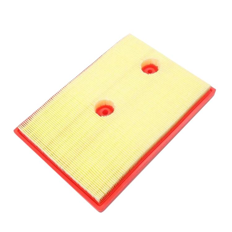 Cabin air filter, yellow pleated paper media with red border and two round fittings