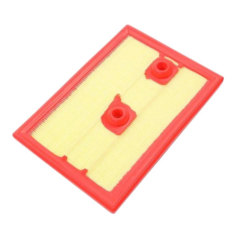 Cabin air filter with yellow pleated media and red frame, two mounting studs