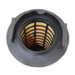 Cabin air filter with circular view of pleated filter media inside black housing