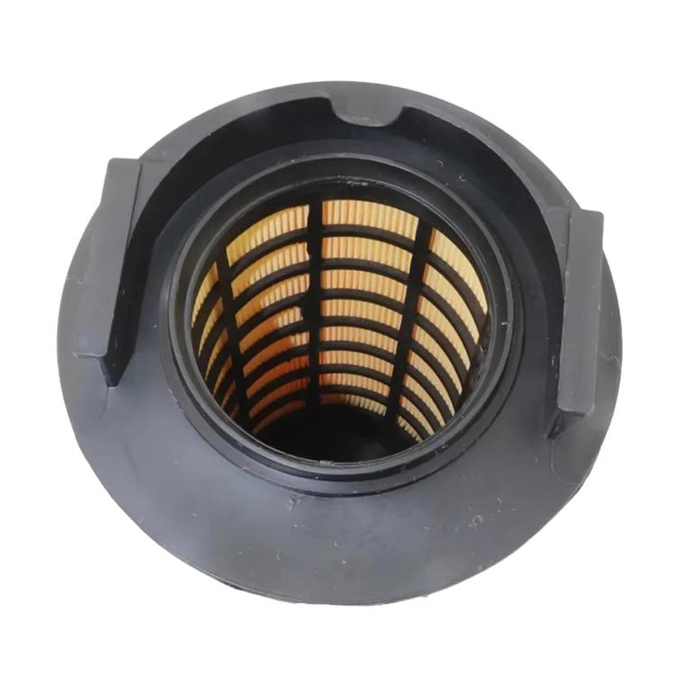 Cabin air filter with circular view of pleated filter media inside black housing