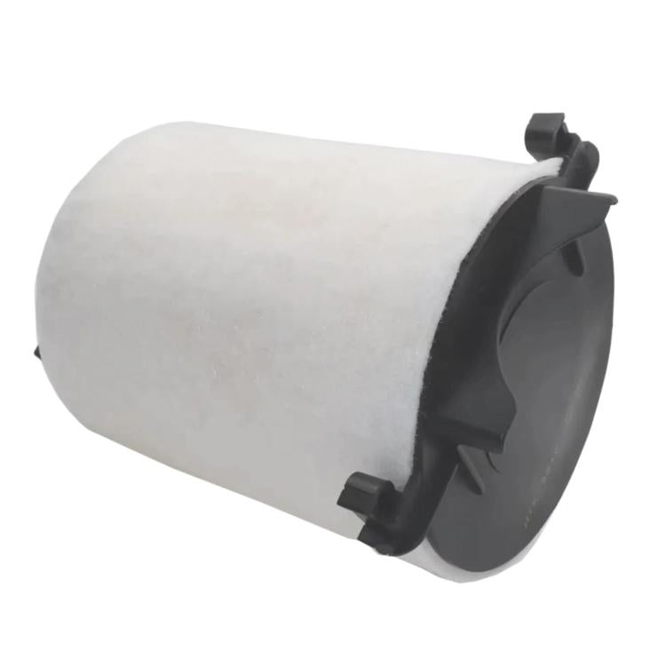 Cabin air filter cartridge with white media and gray/black mounting clips
