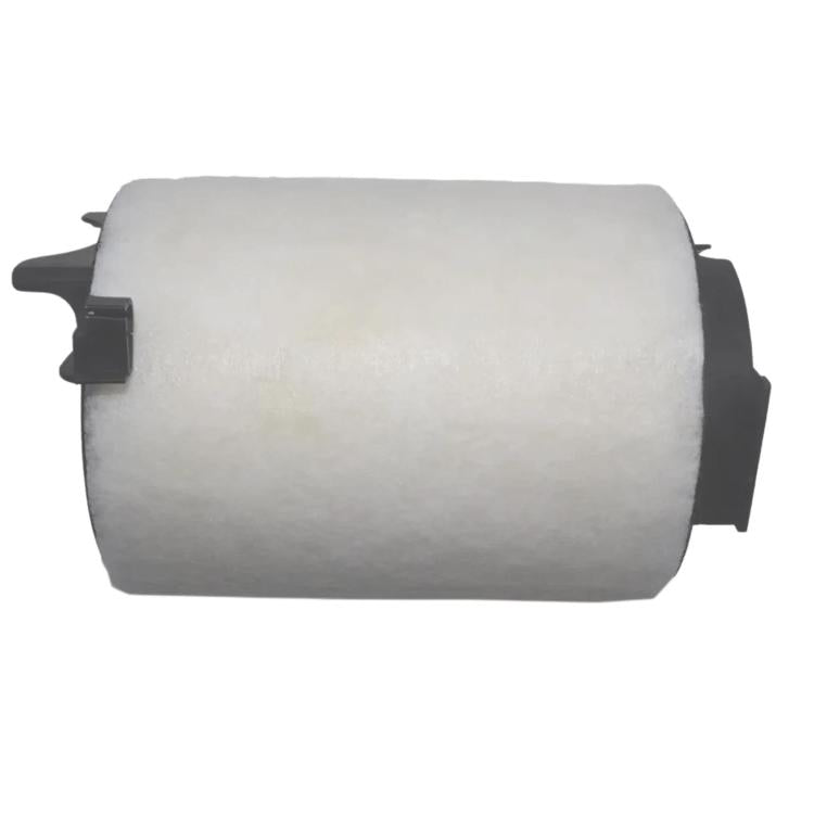 Cabin air filter cartridge with white cylindrical media and black side brackets