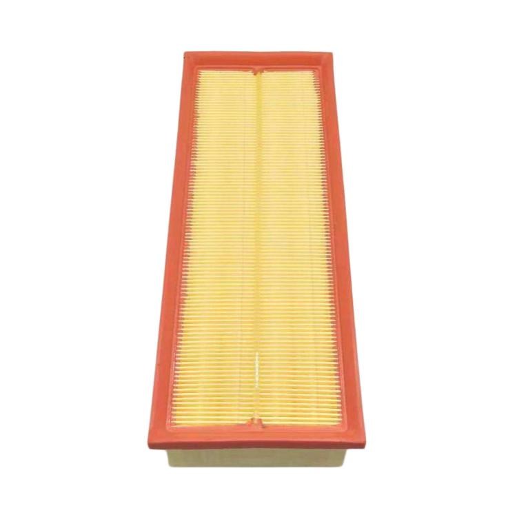 Engine air filter with pleated paper element in a red frame, rectangular shape