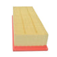 Rectangular engine air filter with pleated paper element in red frame, side view
