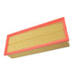 Engine air filter with pleated paper element and red outer frame, angled view