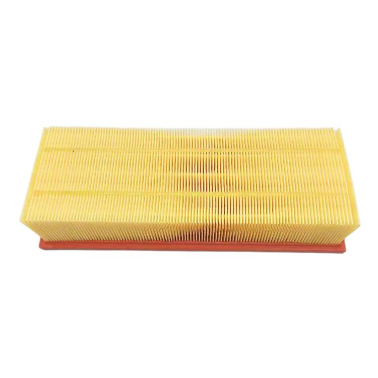 Engine air filter with fine pleated paper element, red frame, horizontal top view