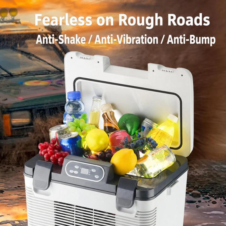 Portable fridge with open lid showing food and drinks inside the white insulated chamber.