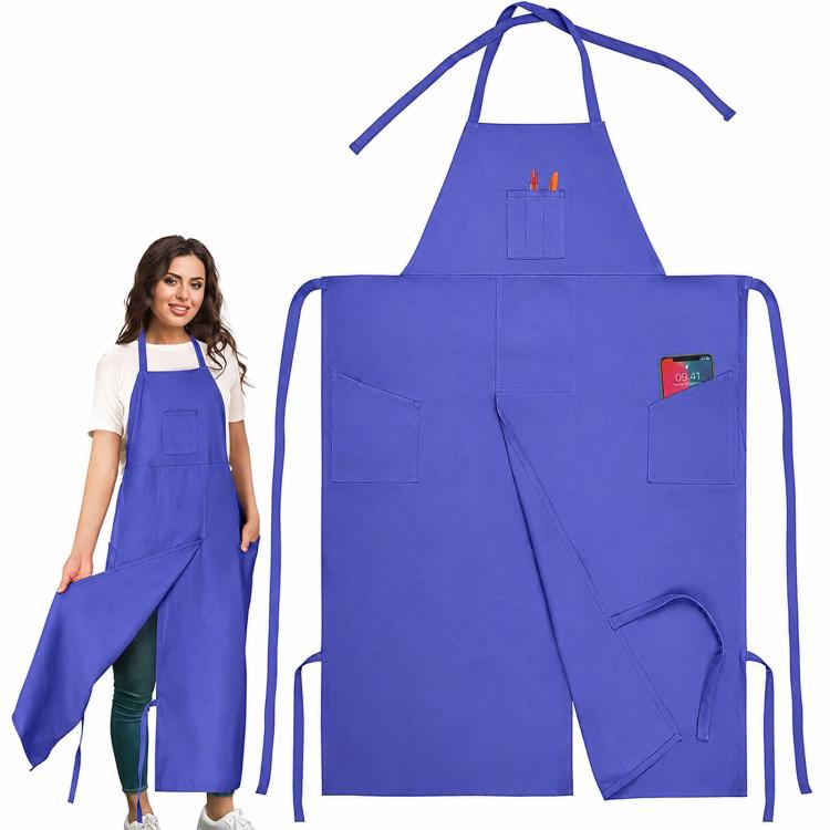 Blue split-leg canvas work apron with halter neck, front pockets, and leg straps