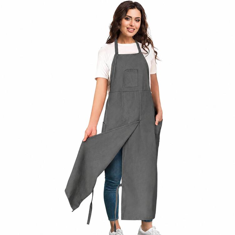 Grey split-leg canvas work apron with halter neck and front pocket